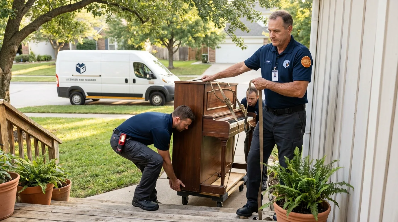 Licensed piano movers securing grand piano in Buxton, NC